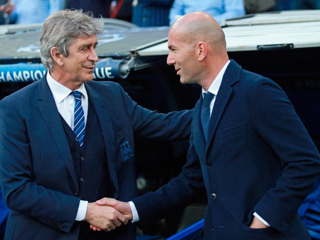 Manuel Pellegrini and Zinedine Zidane shake hands before the Champions League semi-final second leg between Real Madrid and Manchester City on May 4, 2016
