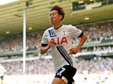 Son Heung-min celebrates scoring during the Premier League game between Tottenham Hotspur and Southampton on May 8, 2016