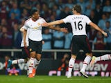 Anthony Martial celebrates scoring with Michael Carrick during the Premier League game between West Ham United and Manchester United on May 10, 2016