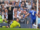 Cesc Fabregas scores during the Premier League game between Chelsea and Leicester City on May 15, 2016