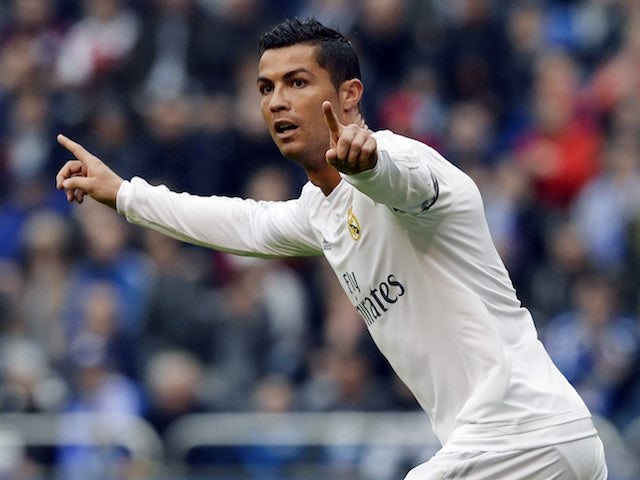 Cristiano Ronaldo celebrates scoring his first during the La Liga game between Deportivo La Coruna and Real Madrid on May 14, 2016