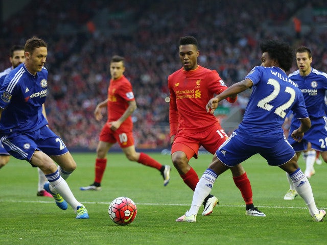 Liverpool striker Daniel Sturridge threads the ball through the eye of a Nemanja Matic and Willian-shaped needle during their Anfield clash with Chelsea on May 11, 2016