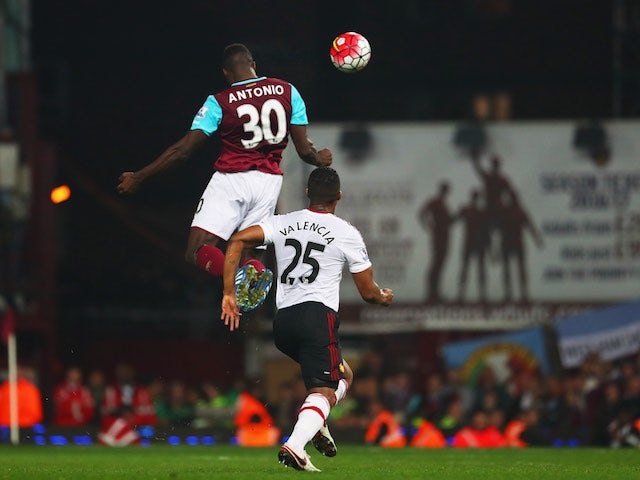 Michail Antonio scores the Hammers' second during the Premier League game between West Ham United and Manchester United on May 10, 2016