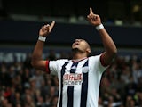Salomon Rondon celebrates scoring during the Premier League game between West Bromwich Albion and Liverpool on May 15, 2016