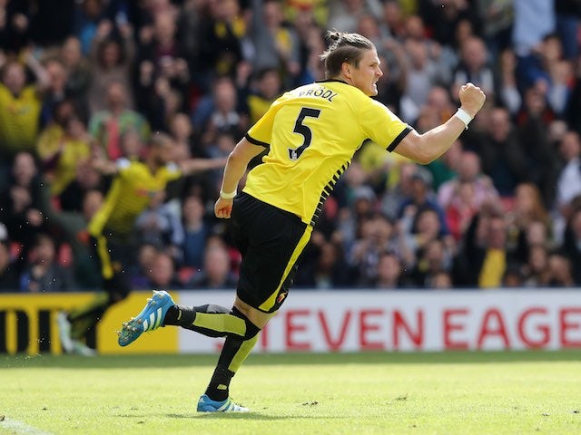Sebastian Prodl celebrates scoring during the Premier League game between Watford and Sunderland on May 15, 2016