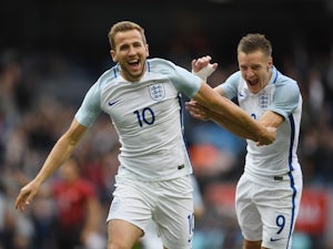 Harry Kane celebrates scoring with Jamie Vardy during the international friendly between England and Turkey on May 22, 2016