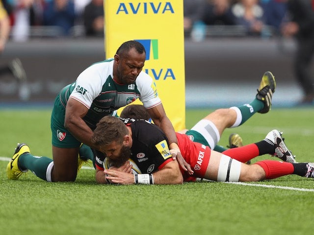 Will Fraser scores during the Aviva Premiership semi-final between Saracens and Leicester Tigers on May 21, 2016