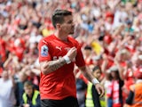 Barnsley's Adam Hammill celebrates scoring his side's second goal during their League One playoff final against Millwall at Wembley on May 29, 2016