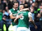Anthony Stokes of Hibernian is congratulated on scoring on during the Scottish Cup final against Rangers on May 21, 2016