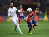 Antoine Griezmann and Sergio Ramos in action during the Champions League final between Real Madrid and Atletico Madrid on May 28, 2016