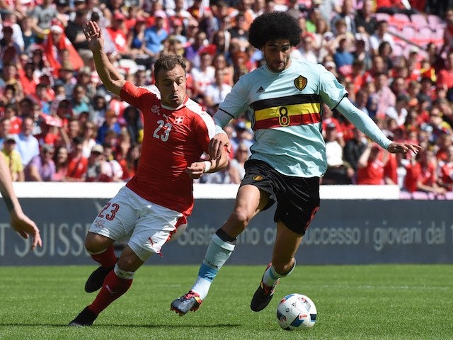 Xherdan Shaqiri and Marouane Fellaini in action during the international friendly between Switzerland and Belgium on May 28, 2016