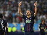 Paris Saint-Germain's Zlatan Ibrahimovic celebrates scoring a goal during the Coupe de France final against Marseille on May 21, 2016