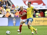 Aaron Ramsey of Wales and Zlatan Ibrahimovic of Sweden during the international friendly on June 5, 2016