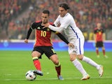 Eden Hazard is strangled by Perparim Hetemaj during the international friendly between Belgium and Finland on June 1, 2016