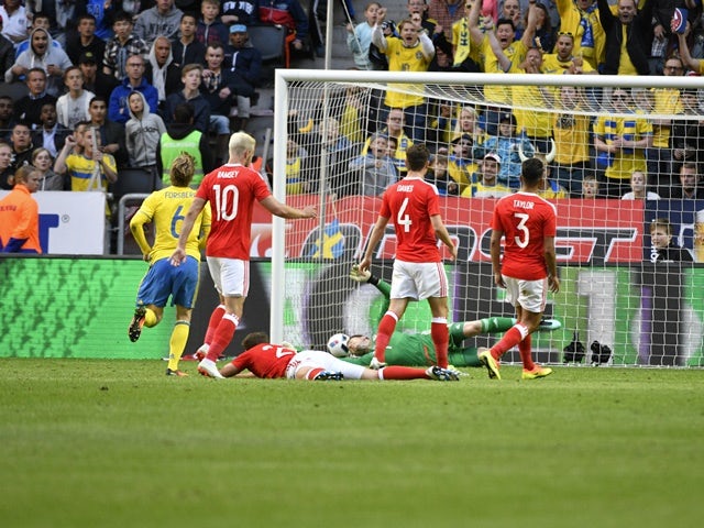 Emil Forsberg of Sweden scores the opening goal during the international friendly between against Wales on June 5, 2016