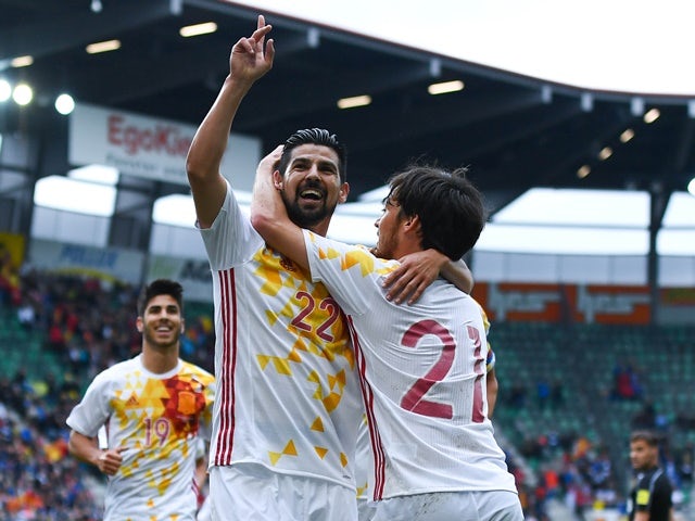 Nolito celebrates after scoring the opening goal during an international friendly match between Spain and Bosnia at the AFG Arena on May 29, 2016