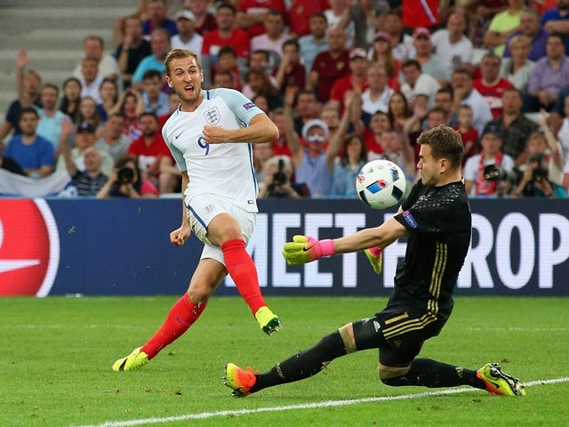 Harry Kane shoots on goal during the Euro 2016 Group B game between England and Russia on June 11, 2016
