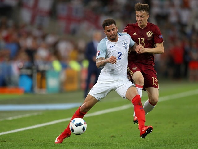 Kyle Walker and Aleksandr Golovkin in action during the Euro 2016 Group B game between England and Russia on June 11, 2016