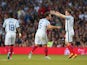 Mark Wright of England celebrates his goal with Olly Murs during the Soccer Aid 2016 match in aid of UNICEF at Old Trafford on June 5, 2016