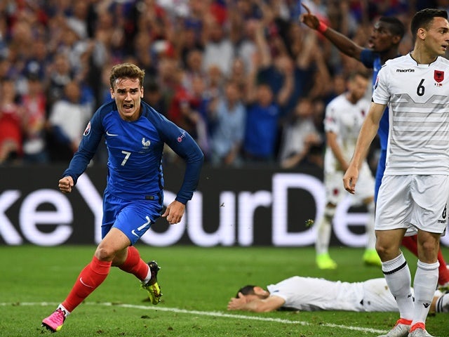 Antoine Griezmann celebrates scoring during the Euro 2016 Group A game between France and Albania on June 15, 2016