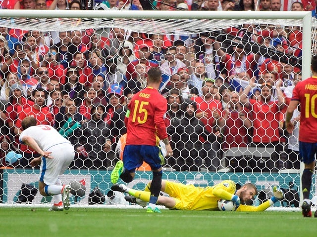 David de Gea makes a save during the Euro 2016 Group D game between Spain and Czech Republic on June 13, 2016