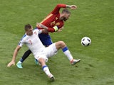 Tomas Necid and Sergio Ramos in action during the Euro 2016 Group D game between Spain and Czech Republic on June 13, 2016