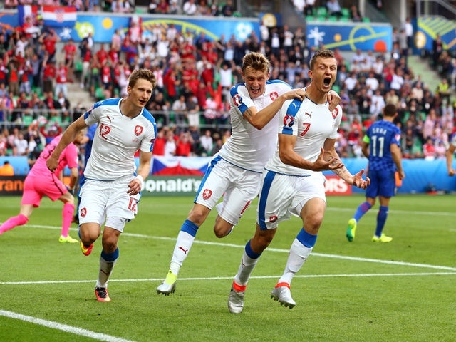 Tomas Necid celebrates after scoring during the Euro 2016 Group D match between Czech Republic and Croatia on July 17, 2016