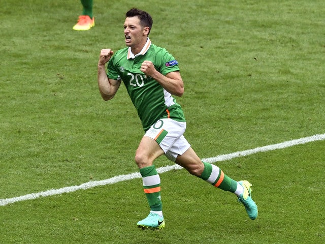 Ireland's midfielder Wesley Hoolahan celebrates after scoring a goal during the Euro 2016 Group E football match between Ireland and Sweden at the Stade de France stadium in Saint-Denis on June 13, 2016