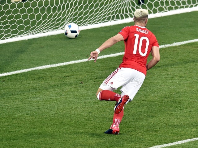 Aaron Ramsey scores the opener during the Euro 2016 Group B match between Russia and Wales on June 20, 2016