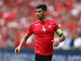 Elseid Hysaj of Albania in action against Switzerland at Stade Bollaert-Delelis on June 11, 2016