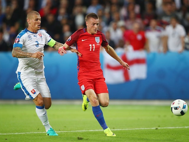Jamie Vardy and Martin Skrtel in action during the Euro 2016 Group B match between Slovakia and England on June 20, 2016