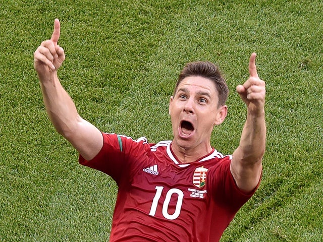 Zoltan Gera celebrates scoring a goal during the Euro 2016 Group F match between Hungary and Portugal on June 22, 2016