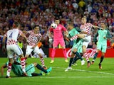 Domagoj Vida shoots wide during the Euro 2016 RO16 match between Croatia and Portugal on June 25, 2016