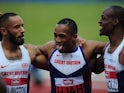 Jason Elington, CJ Ujah and James Dasaolu celebrate after the men's 100m final at the British Championships on June 25, 2016