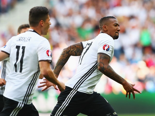 Jerome Boateng celebrates scoring the opening goal during the Euro 2016 RO16 match between Germany and Slovakia on June 26, 2016
