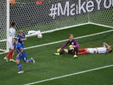 Ragnar Sigurdsson (2nd L) of Iceland celebrates scoring his team's first goal during the UEFA EURO 2016 round of 16 match between England and Iceland at Allianz Riviera Stadium on June 27, 2016 in Nice, France