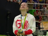 Team GB's Bryony Page celebrates winning trampolining silver at the Rio Olympics on August 12, 2016