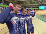 Team GB celebrate winning the men's team sprint at the Rio Olympics on August 11, 2016