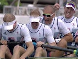 Team GB's coxless fours team celebrate victory at the Rio Olympics on August 12, 2016