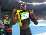 Usain Bolt celebrates winning the men's 100m on August 14, 2016