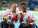 Hannah Cockroft and Kare Adenegan pose with their medals after the women's 100m T34 final at the Paralympic Games in Rio de Janeiro on September 10, 2016