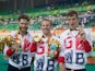 Jon-Allan Butterworth, Jody Cundy and Louis Rolfe pose with their gold medals after winning the mixed C1-5 750m team sprint at the Paralympic Games in Rio de Janeiro on September 11, 2016