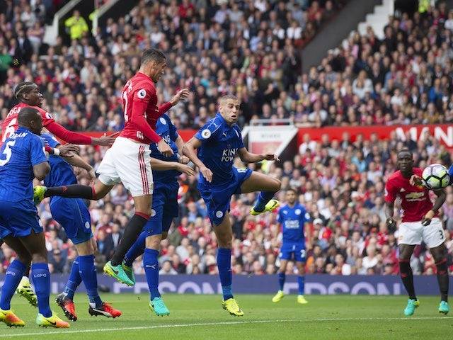 Chris Smalling scores during the game between Manchester United and Leicester City on September 24, 2016