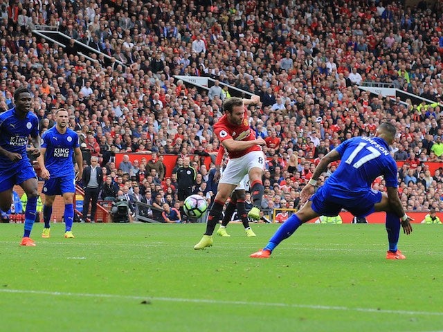 Juan Mata scores during the game between Manchester United and Leicester City on September 24, 2016