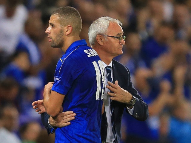 Leicester City manager Claudio Ranieri congratulates match-winner Islam Slimani as he is subbed off during Leicester 1-0 Champions League Group G victory over Porto at the King Power Stadium on September 27, 2016