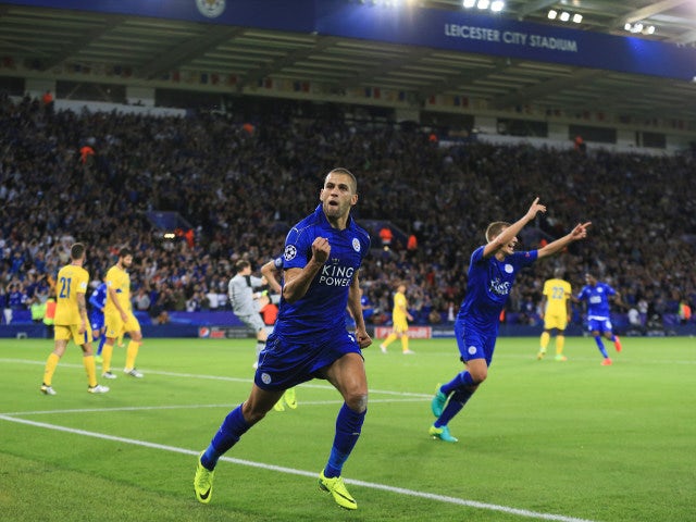 Leicester City striker Islam Slimani celebrates after giving Leicester the lead during their Champions League Group G match against Porto at the King Power Stadium on September 27, 2016