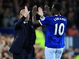 Everton striker Romelu Lukaku celebrates with manager Ronald Koeman after scoring the opening goal in his side's 1-1 draw with Crystal Palace at Goodison Park on September 30, 2016