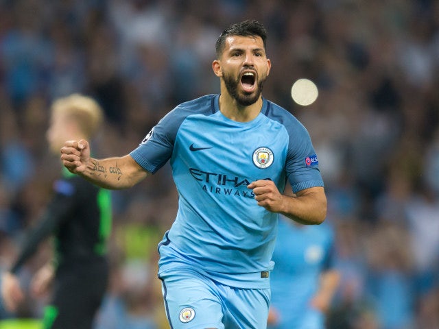 Manchester City's Sergio Aguero celebrates after scoring his second goal against Borussia Monchengladbach during the Champions League Group C match between Manchester City and Borussia Monchengladbach at the Etihad Stadium on September 14, 2016