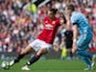 Manchester United striker Zlatan Ibrahimovic has a shot during his side's Premier League clash with Stoke City at Old Trafford on October 2, 2016