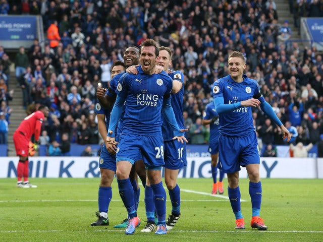 Leicester City defender Christian Fuchs celebrates scoring during his side's Premier League clash with Crystal Palace at the King Power Stadium on October 22, 2016